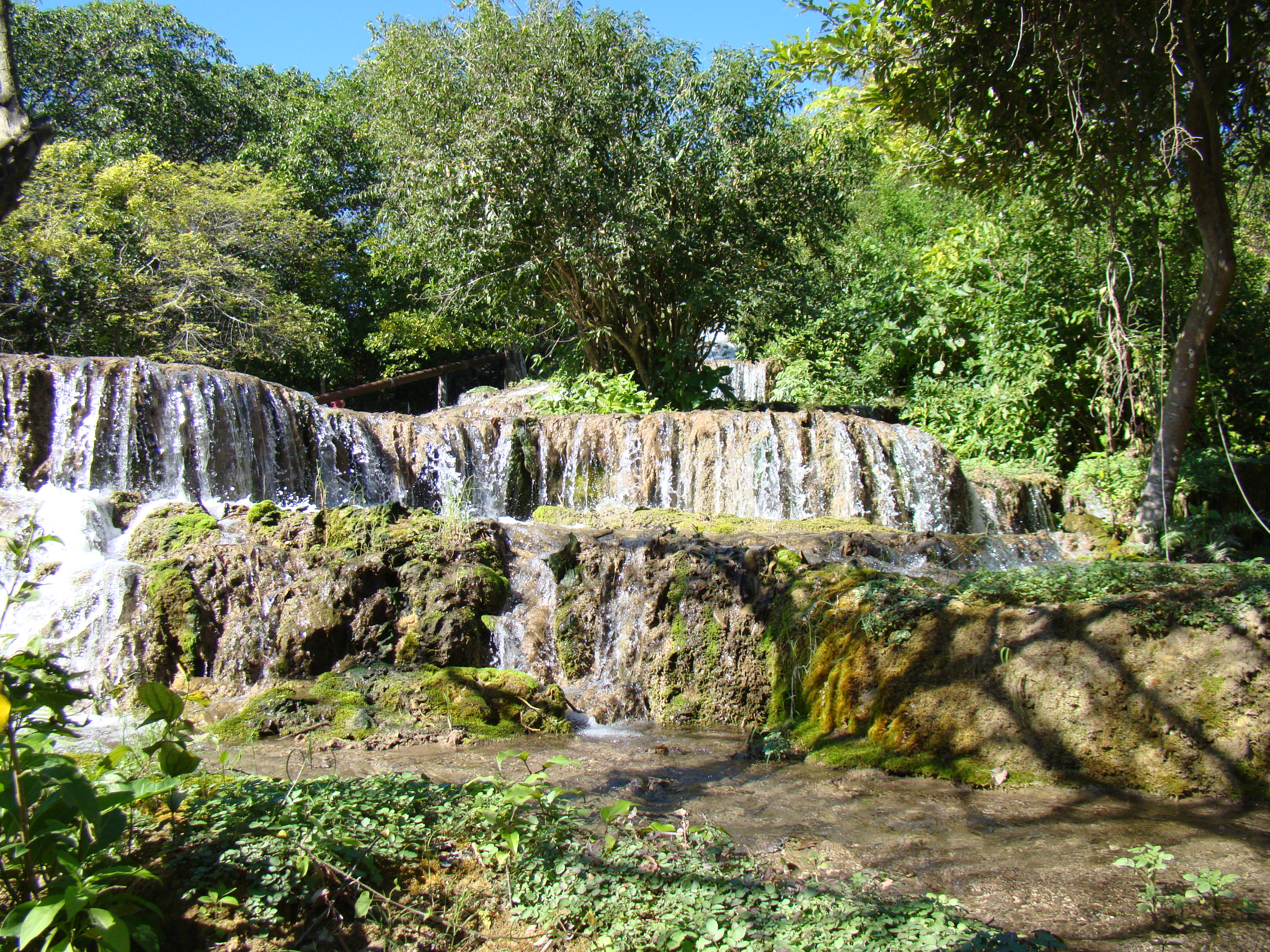 Cachoeira com múltiplas quedas d'água correndo sobre rochas calcárias e cercada por mata ciliar preservada na região de Bonito MS.