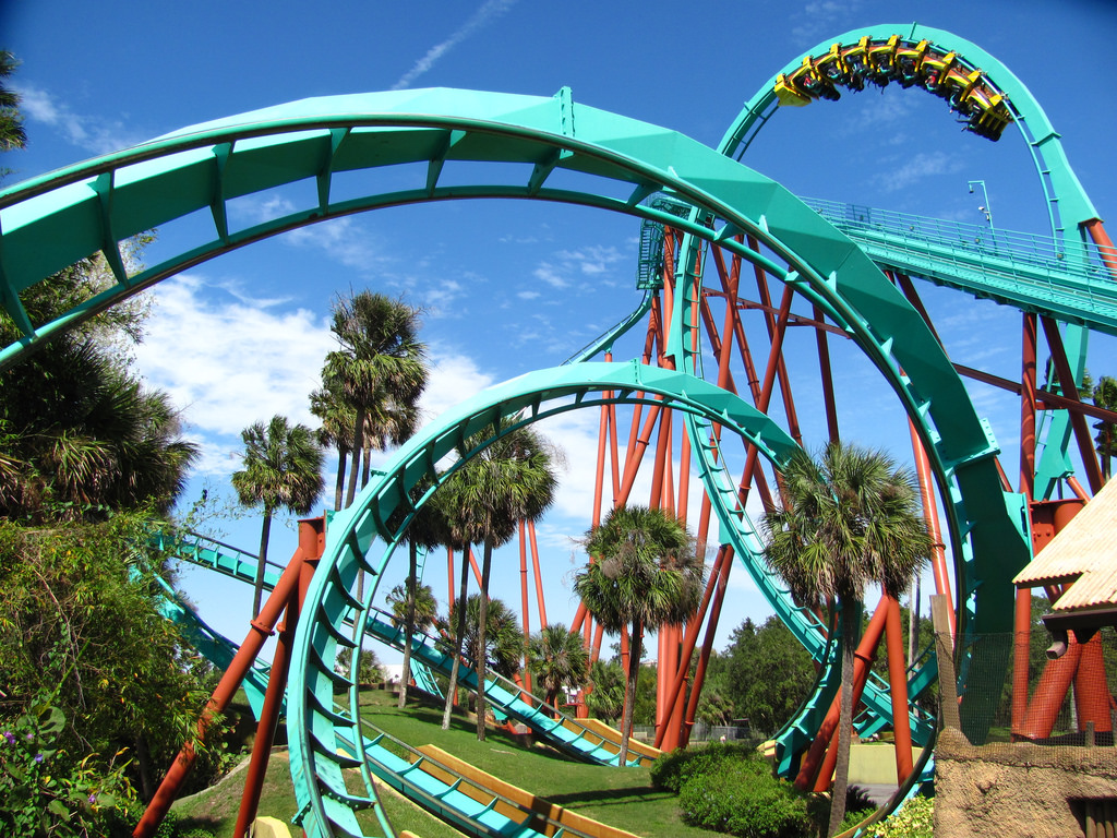 Trilhos e loopings da montanha-russa no parque Busch Gardens em Orlando.