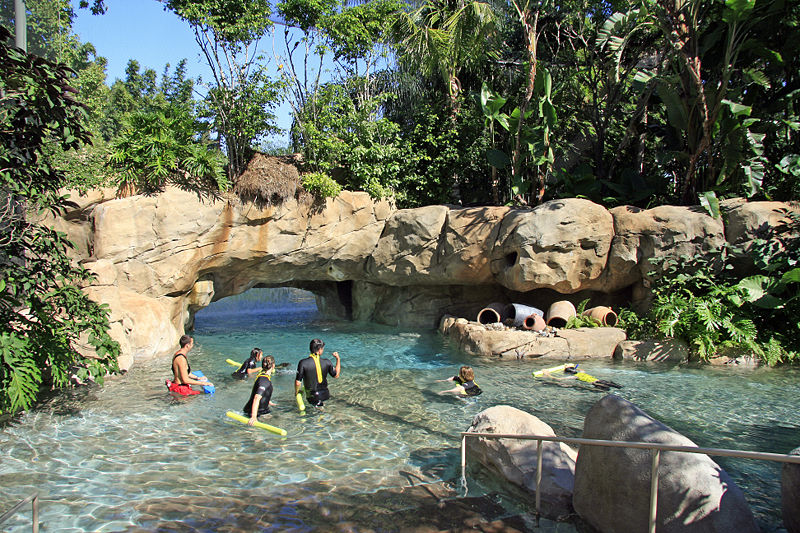 Turistas fazendo snorkeling no rio tropical do parque Discovery Cove em Orlando, Flórida.