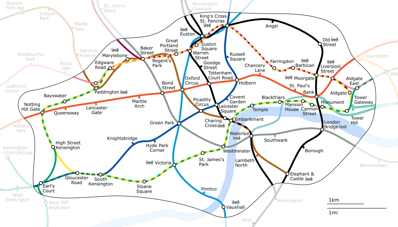 Mapa esquemático das linhas de metrô na zona 1 de Londres