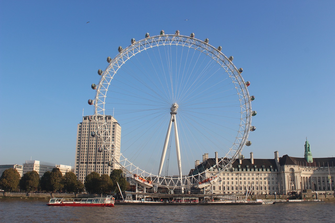 A roda gigante London Eye vista de baixo contra um céu claro