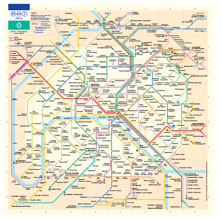 Mapa esquemático oficial da rede de transporte público de Paris (RATP), exibindo as rotas coloridas de todas as linhas de metrô (1 a 14) e trens RER (A a E), com nomes das estações e conexões.